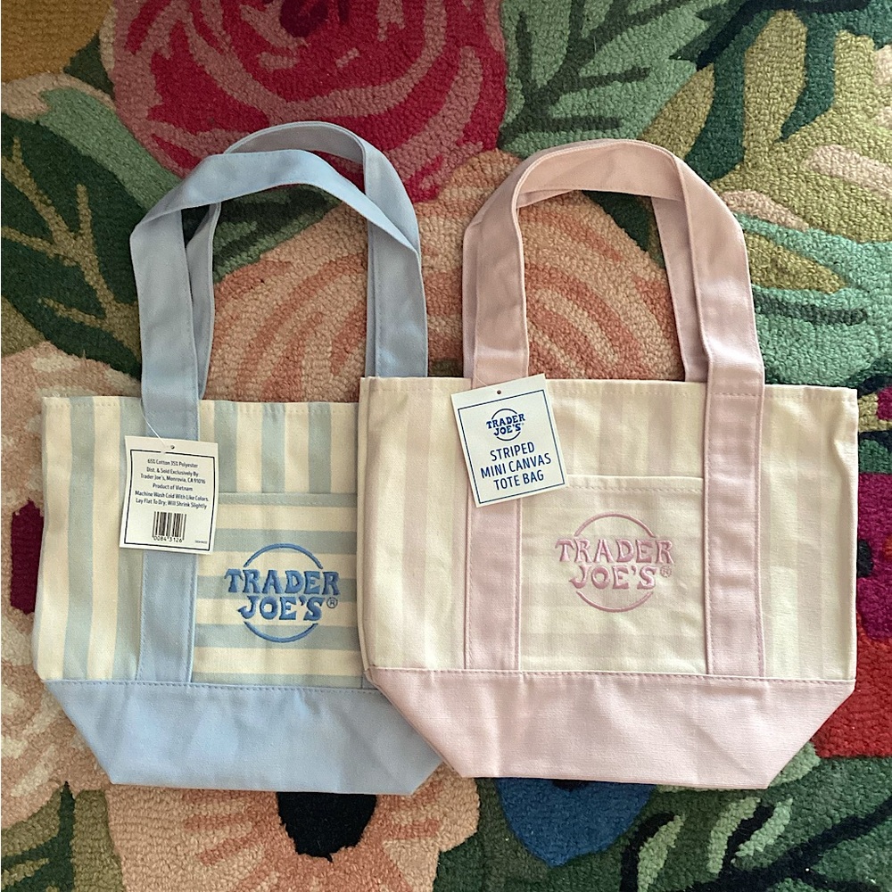 NWT Set of 2! Trader Joe’s Striped Mini Tote Bags Blue and Pink - Picture 1 of 5